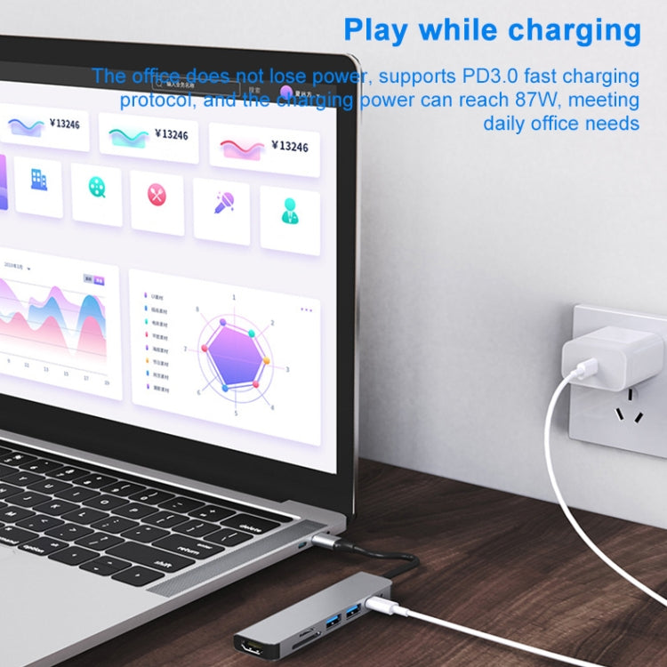 6 en 1 USB-C / Tipo-C a 4K HDMI + Ranura para tarjeta SD / TF + Carga PD USB-C / Tipo-C + 2 puertos USB 3.0 Estación de acoplamiento HUB multifuncional, 6 In 1
