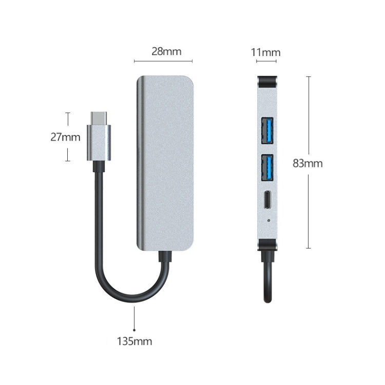 4 en 1 USB-C / Tipo-C a 4K HDMI + USB 3.0 + USB 2.0 + PD Puertos de carga USB-C / Tipo-C Estación de acoplamiento HUB multifuncional, 4 In 1