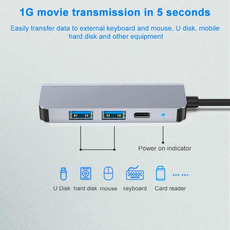 4 en 1 USB-C / Tipo-C a 4K HDMI + USB 3.0 + USB 2.0 + PD Puertos de carga USB-C / Tipo-C Estación de acoplamiento HUB multifuncional, 4 In 1