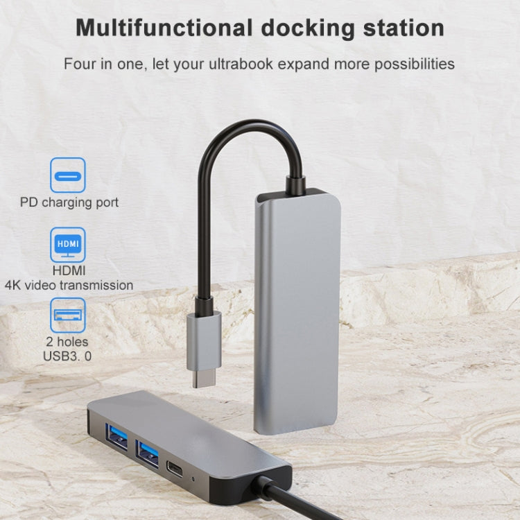 4 en 1 USB-C / Tipo-C a 4K HDMI + USB 3.0 + USB 2.0 + PD Puertos de carga USB-C / Tipo-C Estación de acoplamiento HUB multifuncional, 4 In 1
