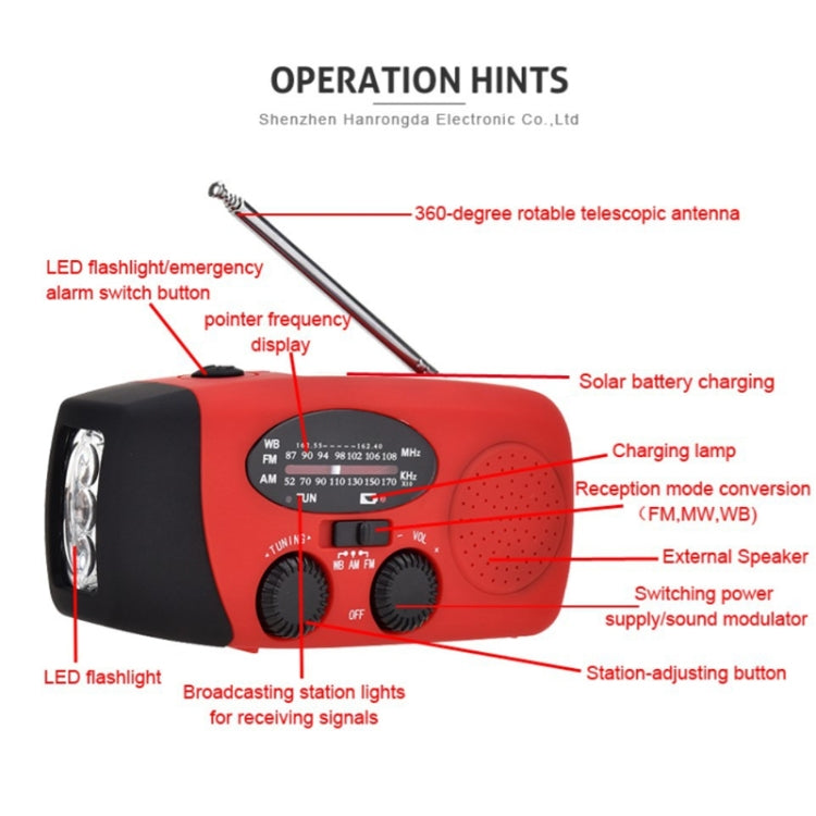 HRD-902 Manivela de mano multifuncional Energía solar Linterna LED Alarma de emergencia Radio FM