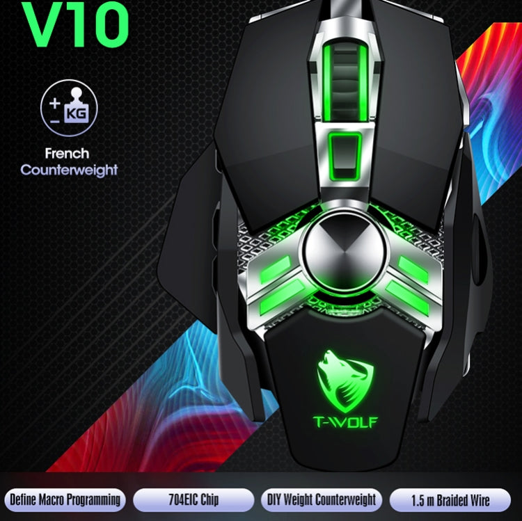 T-WOLF V10 Interfaz USB 7 botones 6400 DPI Ratón con cable para juegos Programación de macros personalizada Ratón para juegos con luz de respiración de 4 colores, longitud del cable: 1,5 m