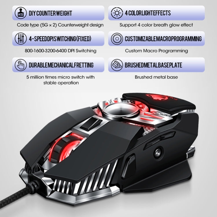 T-WOLF V10 Interfaz USB 7 botones 6400 DPI Ratón con cable para juegos Programación de macros personalizada Ratón para juegos con luz de respiración de 4 colores, longitud del cable: 1,5 m
