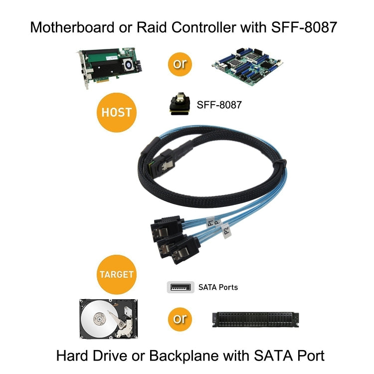 Mini SAS 36Pin SFF 8087 a 4 servidores SATA 7P, longitud del cable: 50 cm