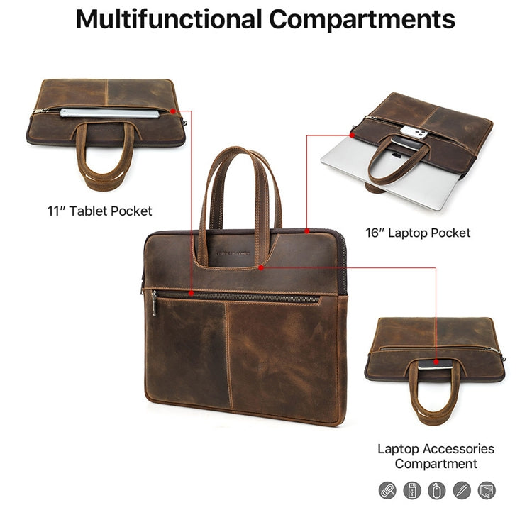 CONTACTOS FAMILY CF3010 Crazy Horse Leather Multifuncional Laptop Bolso para Macbook Pro 16 Pulgadas, For Macbook Pro 16 Inch