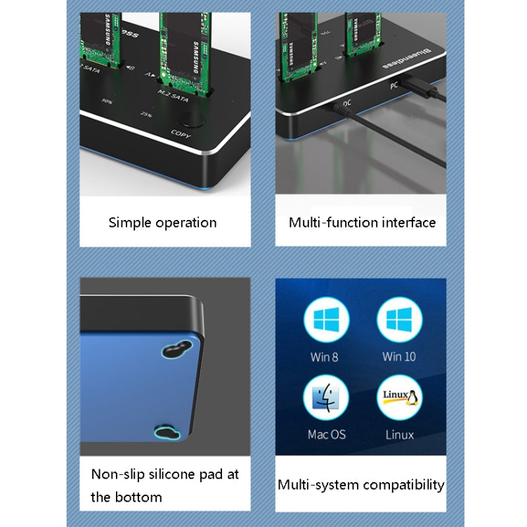 Caja de disco duro de estado sólido SATA / NVME con base de disco duro móvil de doble disco M.2, M.2 SATA (Gray + Blue), M.2 NVME (Black + Red)