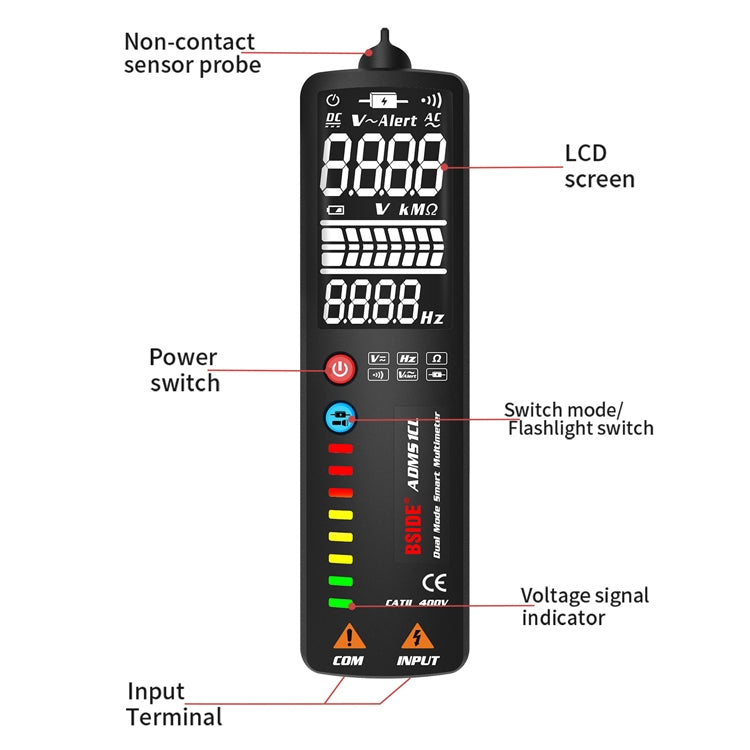 BSIDE Dual-Mode Smart Pantalla grande Multímetro Pluma eléctrica Detector de voltaje portátil, ADMS1, ADMS1CL