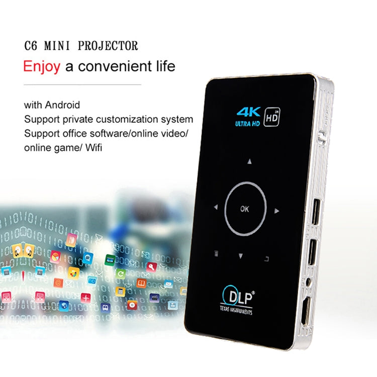C6 2G + 16G Android Smart DLP HD Proyector Mini proyector inalámbrico,, US Plug (Black), EU Plug (Black), UK Plug (Black), AU Plug (Black), US Plug (White), EU Plug (White), UK Plug (White), AU Plug (White)
