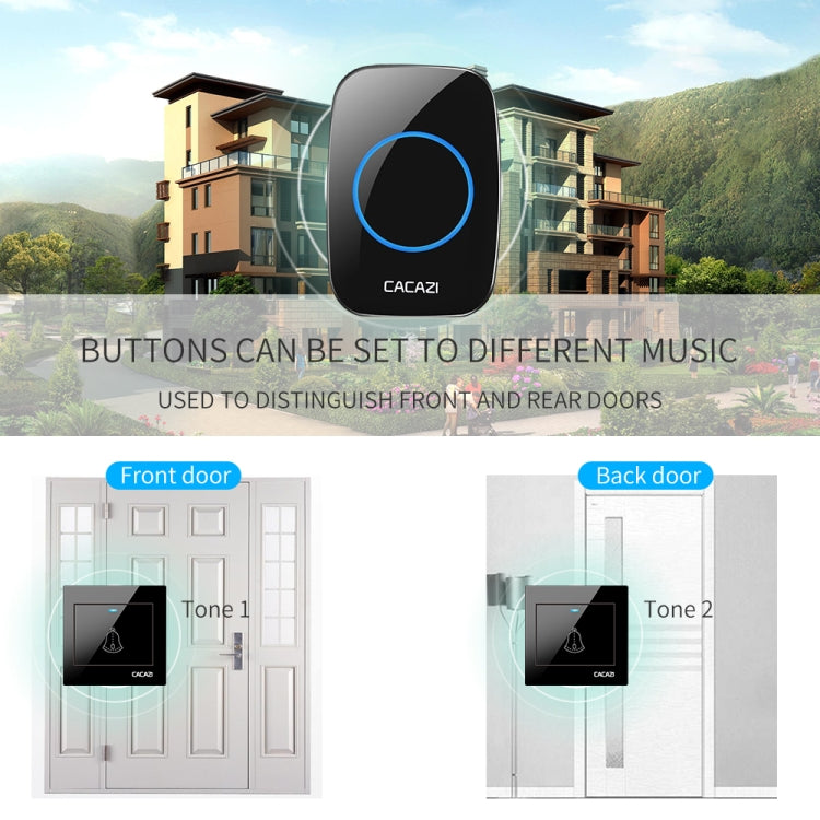 CACAZI H10 1 para 2 Timbre musical inalámbrico para el hogar sin batería, US Plug, EU Plug, UK Plug