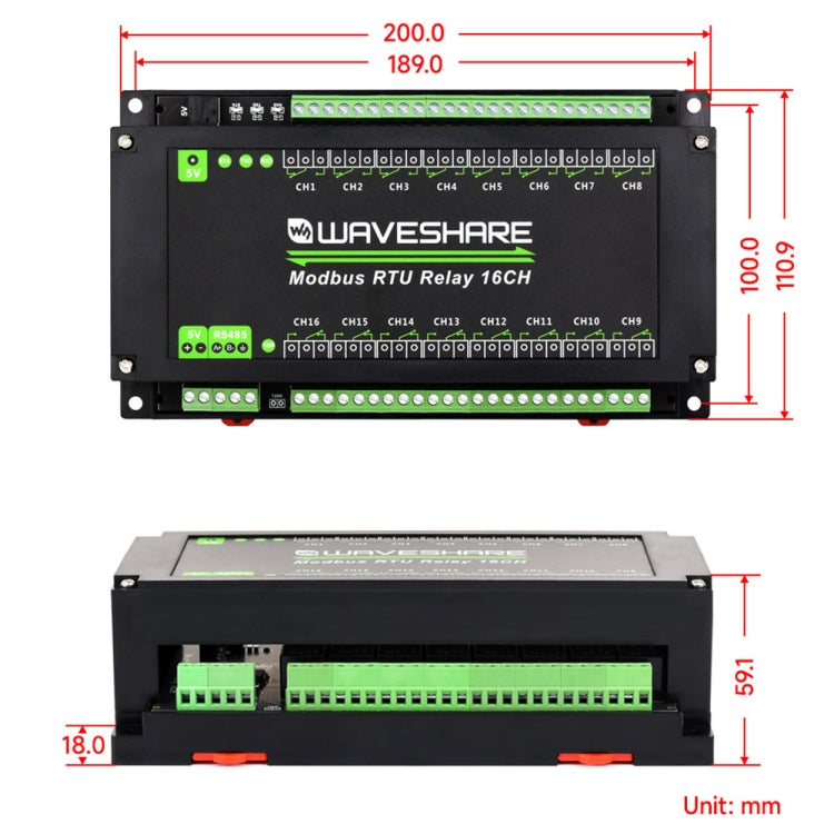 Módulo de relé Waveshare 24921 Modbus RTU de 16 canales, interfaz RS485, con múltiples circuitos de protección de aislamiento, 24921