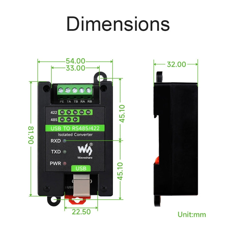 Waveshare 23949 Convertidor aislado de USB a RS485/422, FT232RL y SP485EEN, 23949
