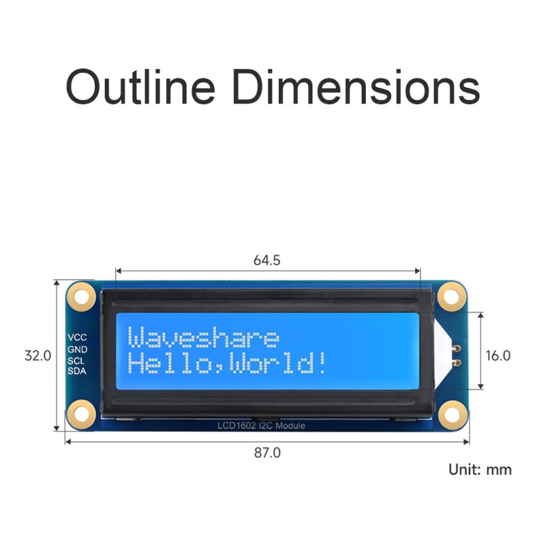 Módulo Waveshare 23991 LCD1602 I2C, blanco con fondo azul, 16x2 caracteres, 3,3 V/5 V, 23991