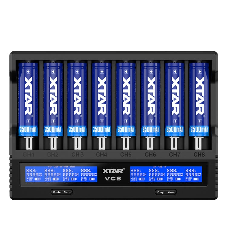 Cargador de batería de 8 ranuras XTAR Cargador de pantalla LCD QC3.0 Tipo C Cargador rápido para batería 21700/18650, VC8