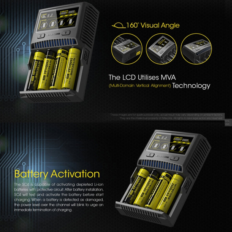 Cargador rápido LCD inteligente de 4 ranuras NITECORE, SC4