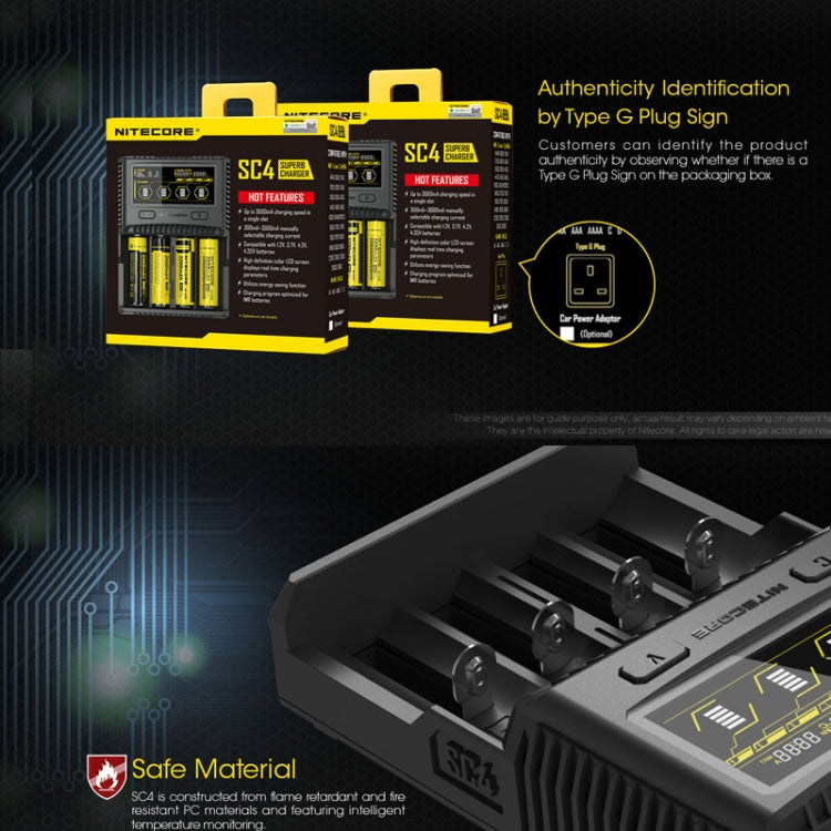Cargador rápido LCD inteligente de 4 ranuras NITECORE, SC4
