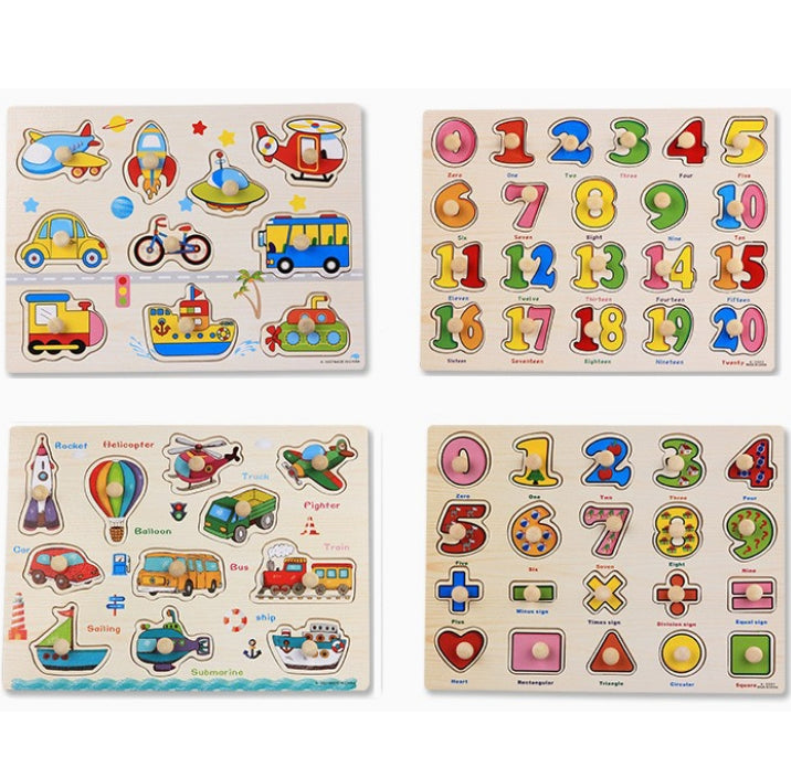 Rompecabezas de madera Tablero de agarre de mano Juguete educativo Número Patrón de transporte Rompecabezas Regalo para niños,, Random Style Delivery