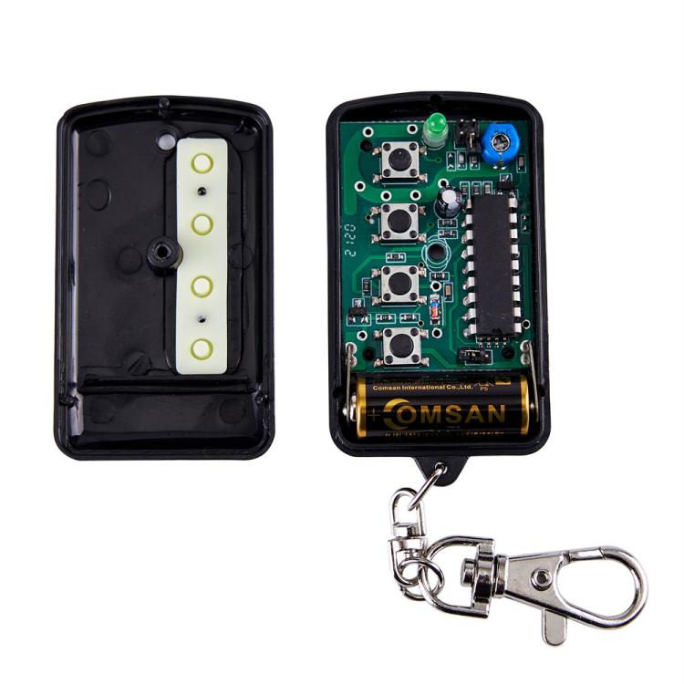 Control remoto de puerta de garaje con modulación de frecuencia de 250-450 MHz y código fijo.