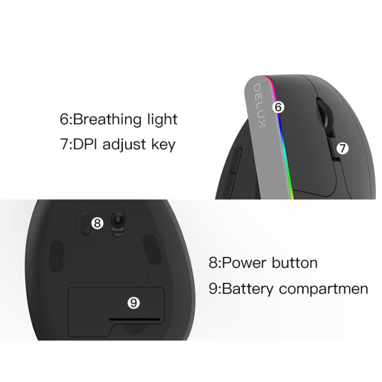 DELUX M618C 6 Teclas 1600 DPI RGB Vertical Ratón Inalámbrico Bluetooth Modo Dual, M618C(White), M618C(Black)