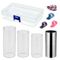 M02219 Barra deslizante de plexiglás 4 en 1 + Barra deslizante de acero inoxidable + Selección de dedo de guitarra de celuloide + Juego de caja de plástico, Plexiglass Slid Bar