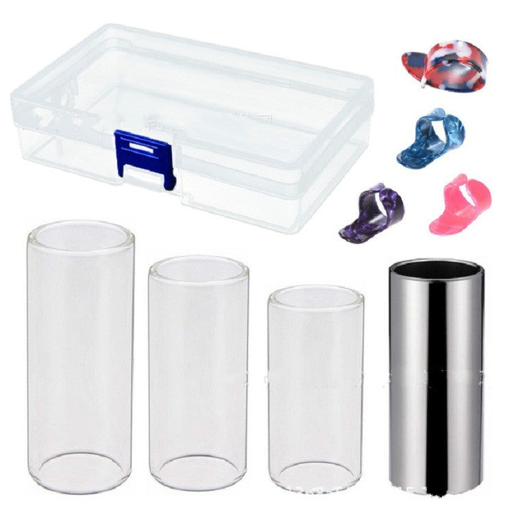 M02219 Barra deslizante de plexiglás 4 en 1 + Barra deslizante de acero inoxidable + Selección de dedo de guitarra de celuloide + Juego de caja de plástico, Plexiglass Slid Bar