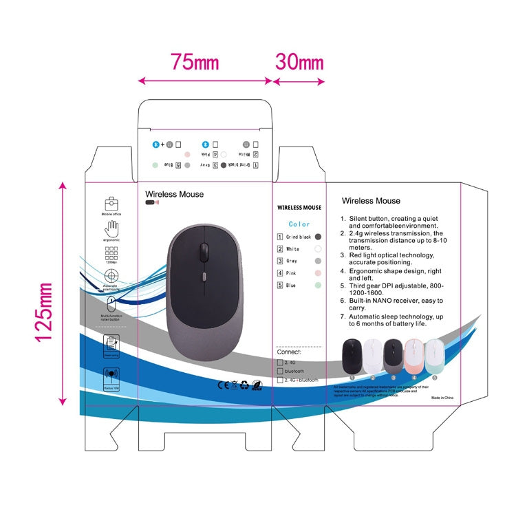 M030 4 teclas 1600DPI Ratón silencioso de oficina para computadora portátil, estilo:, Wireless (Ink Green), Wireless (Blue), Wireless (Pink), Wireless (Gray), Wireless (White), Wireless (Black), Bluetooth (Ink Green), Bluetooth (Blue), Bluetooth (Pink)...