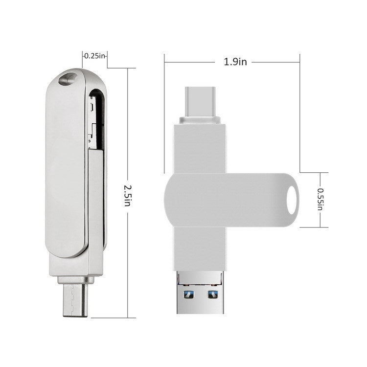 USB 3.0 + 8 pines + USB-C / Tipo-C 3 en 1 Teléfono Computadora Disco en U de metal giratorio, 16GB, 32GB, 64GB, 128GB, 256GB