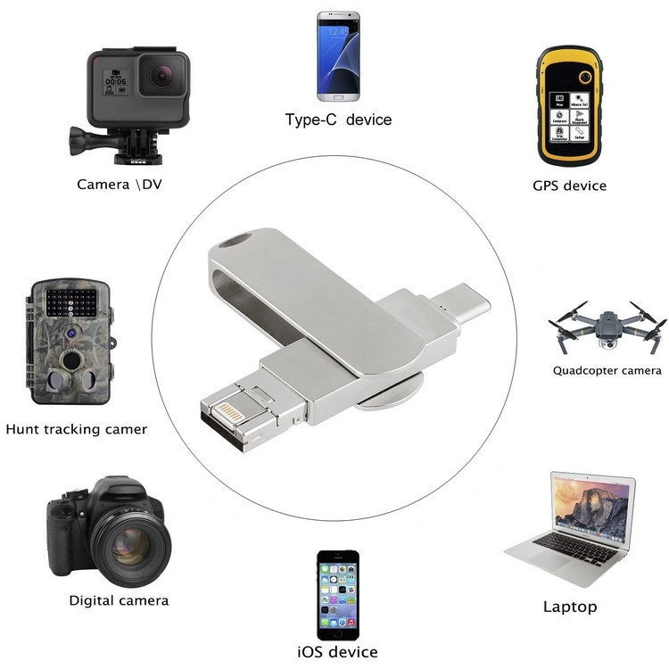 USB 3.0 + 8 pines + USB-C / Tipo-C 3 en 1 Teléfono Computadora Disco en U de metal giratorio, 16GB, 32GB, 64GB, 128GB, 256GB