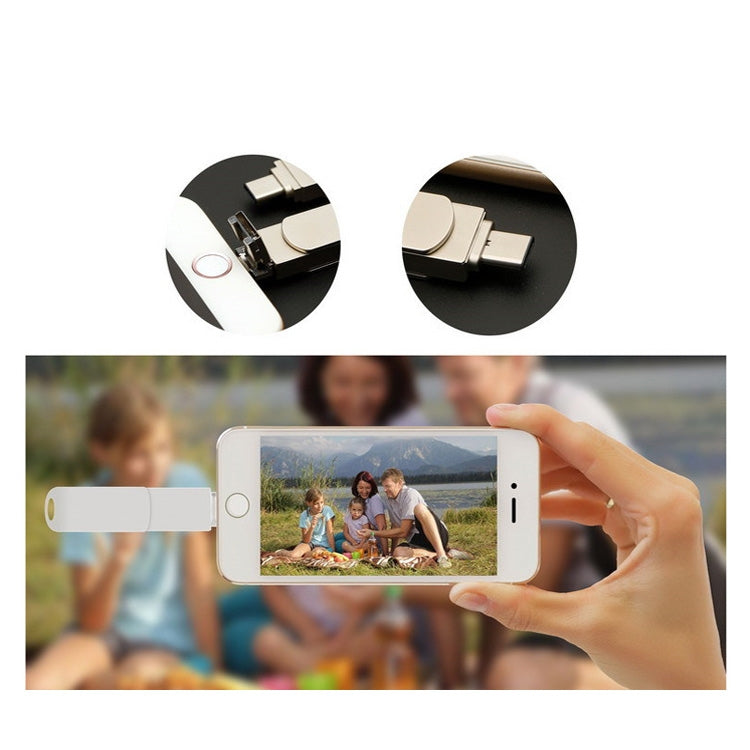 USB 3.0 + 8 pines + USB-C / Tipo-C 3 en 1 Teléfono Computadora Disco en U de metal giratorio, 16GB, 32GB, 64GB, 128GB, 256GB