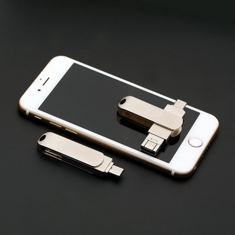 USB 3.0 + 8 pines + USB-C / Tipo-C 3 en 1 Teléfono Computadora Disco en U de metal giratorio, 16GB, 32GB, 64GB, 128GB, 256GB