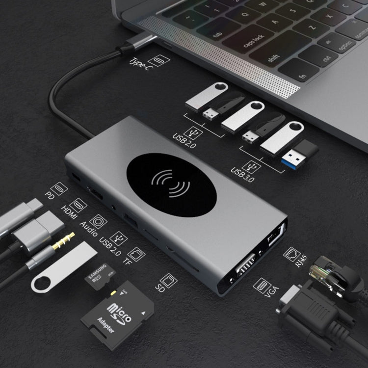 Estación de acoplamiento tipo C HUB USB BX15W con función de carga inalámbrica, BX15W