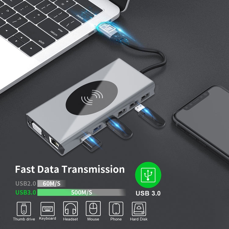 Estación de acoplamiento tipo C HUB USB BX15W con función de carga inalámbrica, BX15W