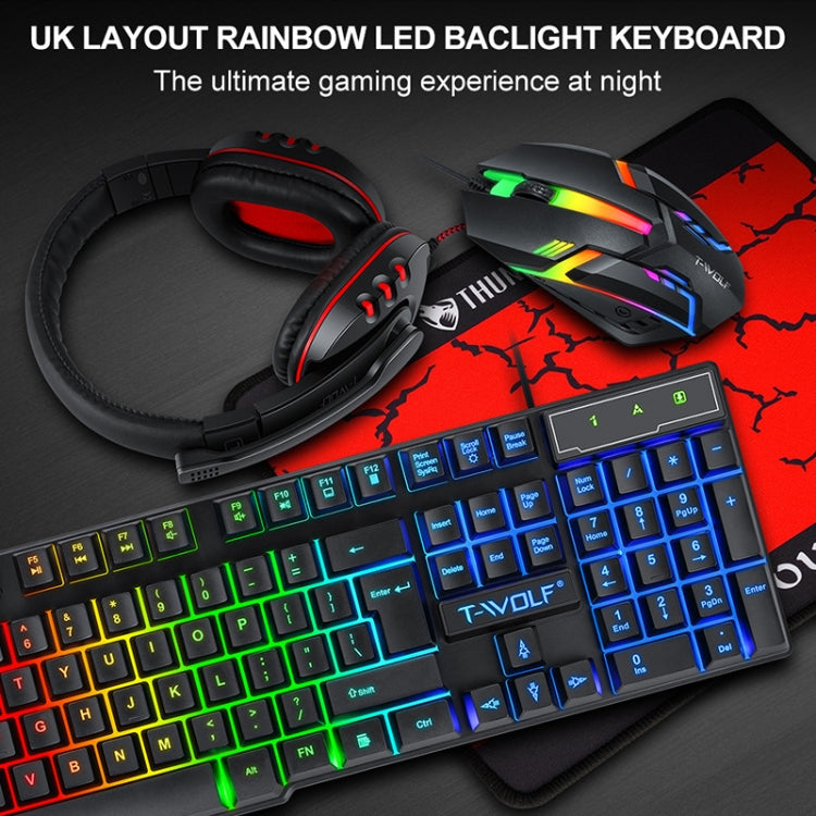 T-WOLF TF-800 Juego de auriculares con teclado y ratón luminosos para juegos 4 en 1