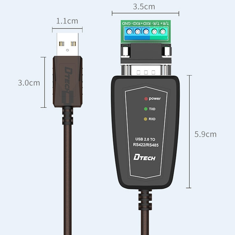 Cable de conversión DTECH DT-5019 USB a RS485 / RS422, chip FT232, longitud:, 0.5m, 1.5m