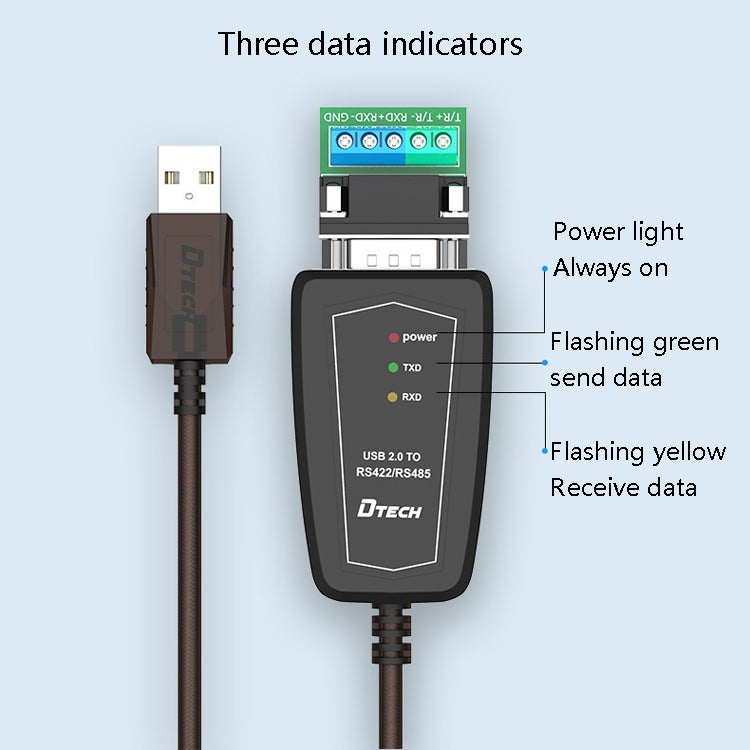 Cable de conversión DTECH DT-5019 USB a RS485 / RS422, chip FT232, longitud:, 0.5m, 1.5m