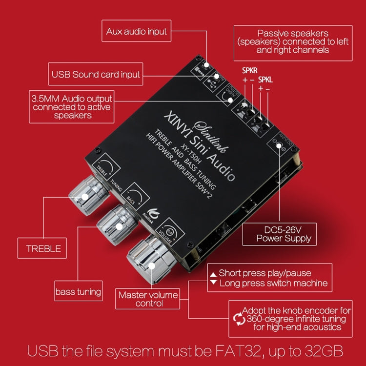 XINYI Sini T50H Bluetooth 5.0 con módulo de placa de alimentación digital estéreo de ajuste de alto nivel previo a la etapa, Sini T50H
