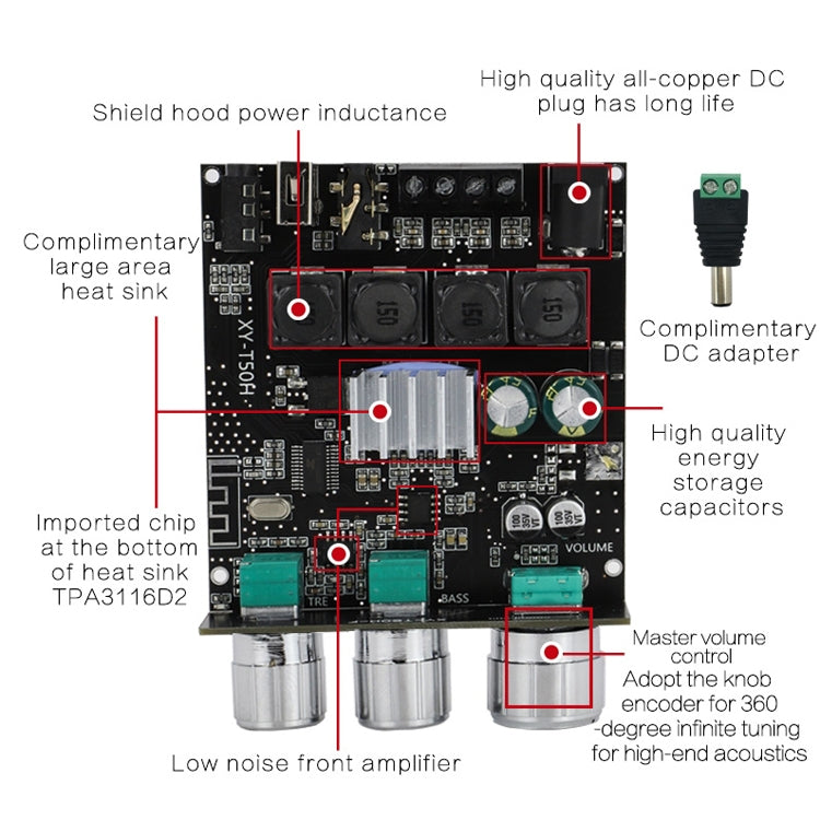 XINYI Sini T50H Bluetooth 5.0 con módulo de placa de alimentación digital estéreo de ajuste de alto nivel previo a la etapa, Sini T50H
