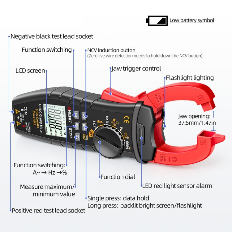 Medidor digital de abrazadera de CA y CC multifuncional ANENG, ST190 Red, ST190 Black, ST191, ST192 600A DC Current, ST193 Intelligent Automatic