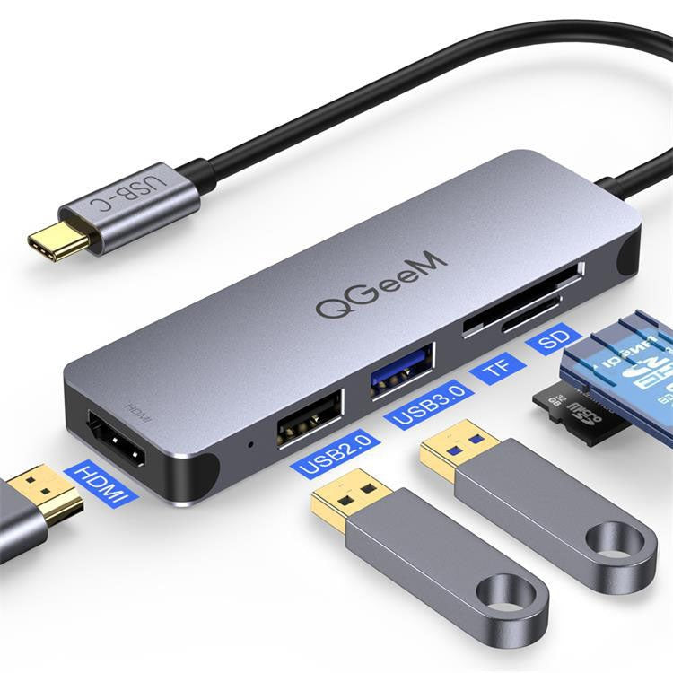 Adaptador HUB de extensión QGeeM QG-UH05-4 5 en 1 TYPE-C Compatible con lector SD/TF, 5 In 1