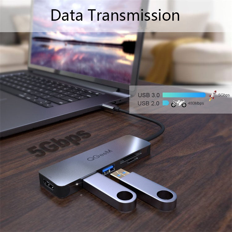 Adaptador HUB de extensión QGeeM QG-UH05-4 5 en 1 TYPE-C Compatible con lector SD/TF, 5 In 1