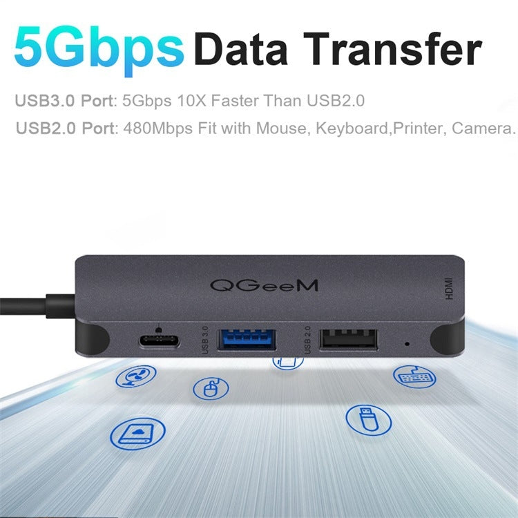 QGeeM UH04-1 4 en 1 USB 3.0 Multifunción Tipo-C Extensión HUB Adaptador, 4 In 1