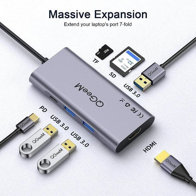 Adaptador HUB de extensión QGeeM 7 en 1 multifuncional USB3.0 TYPE-C, QG-UH07-3(7 In 1)