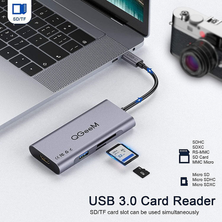 Adaptador HUB de extensión QGeeM 7 en 1 multifuncional USB3.0 TYPE-C, QG-UH07-3(7 In 1)