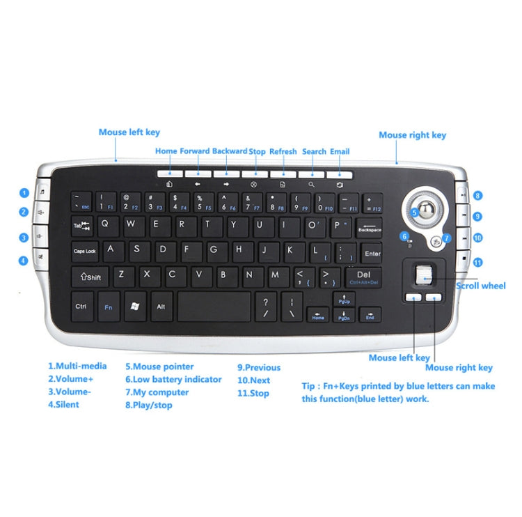 MY-10 2.4G 78 teclas 1200 DPI Mini teclado inalámbrico Trackball Teclado inalámbrico y juego de mouse