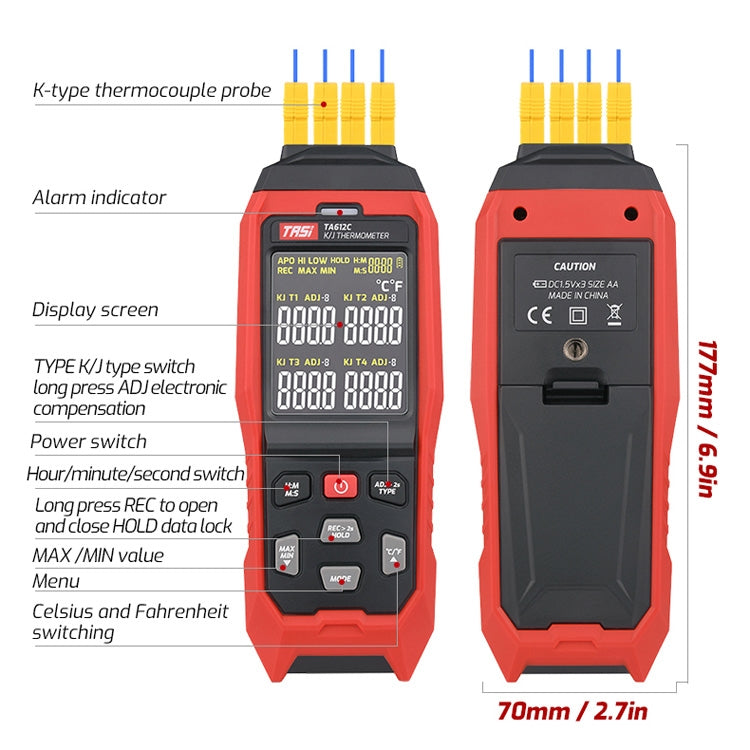 TASI Medidor de temperatura de contacto Termómetro de sonda de termopar tipo K, estilo:, TA612A Single Channel, TA612B Dual Channels, TA612C 4 Channels