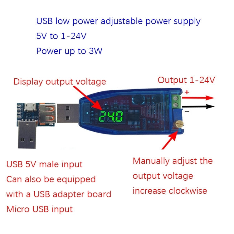 Módulo regulador de fuente de alimentación ajustable USB de 5 V a 1-24 V DC-DC, entrega aleatoria de color, 5V To 1-24V