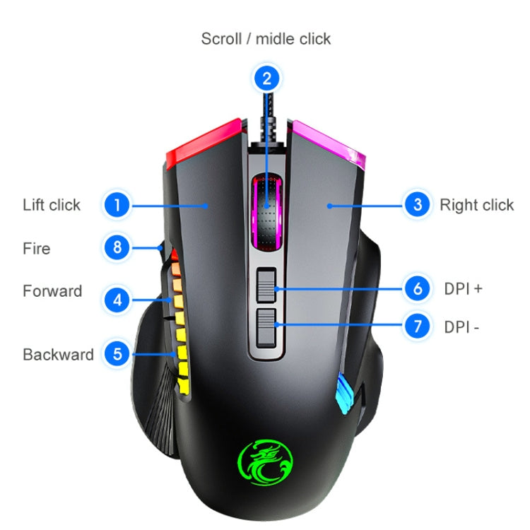IMICE T70 Ratón para juegos con cable programable con iluminación RGB de 7200 ppp de 8 botones, longitud del cable: 1,8 m, T70