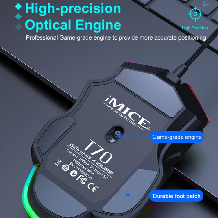 IMICE T70 Ratón para juegos con cable programable con iluminación RGB de 7200 ppp de 8 botones, longitud del cable: 1,8 m, T70