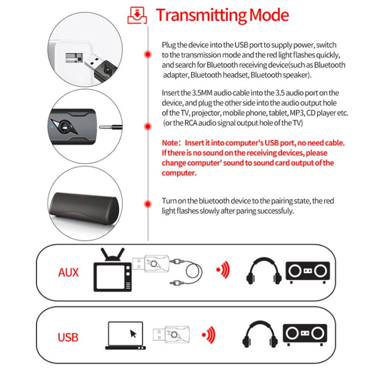 2 PCS 5.0 Transmisor Bluetooth AUX Receptor USB Adaptador de audio de computadora de salida dual, M136