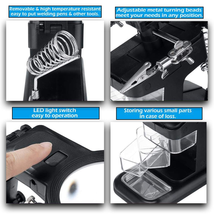 Lupa de inspección de reparación de soldadura de chip multifuncional de escritorio con luz LED, 3-45X Black, 3-45X White