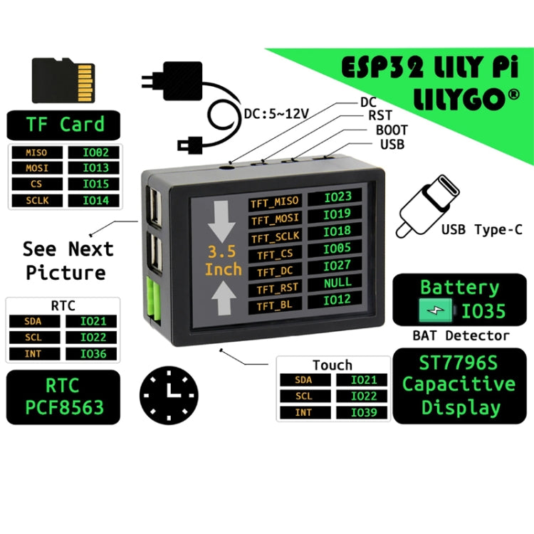 Lily Pi ESP32 Chip WiFi Bluetooth Pantalla táctil capacitiva de 3,5 pulgadas Relé de 5 V Puerto de expansión USB